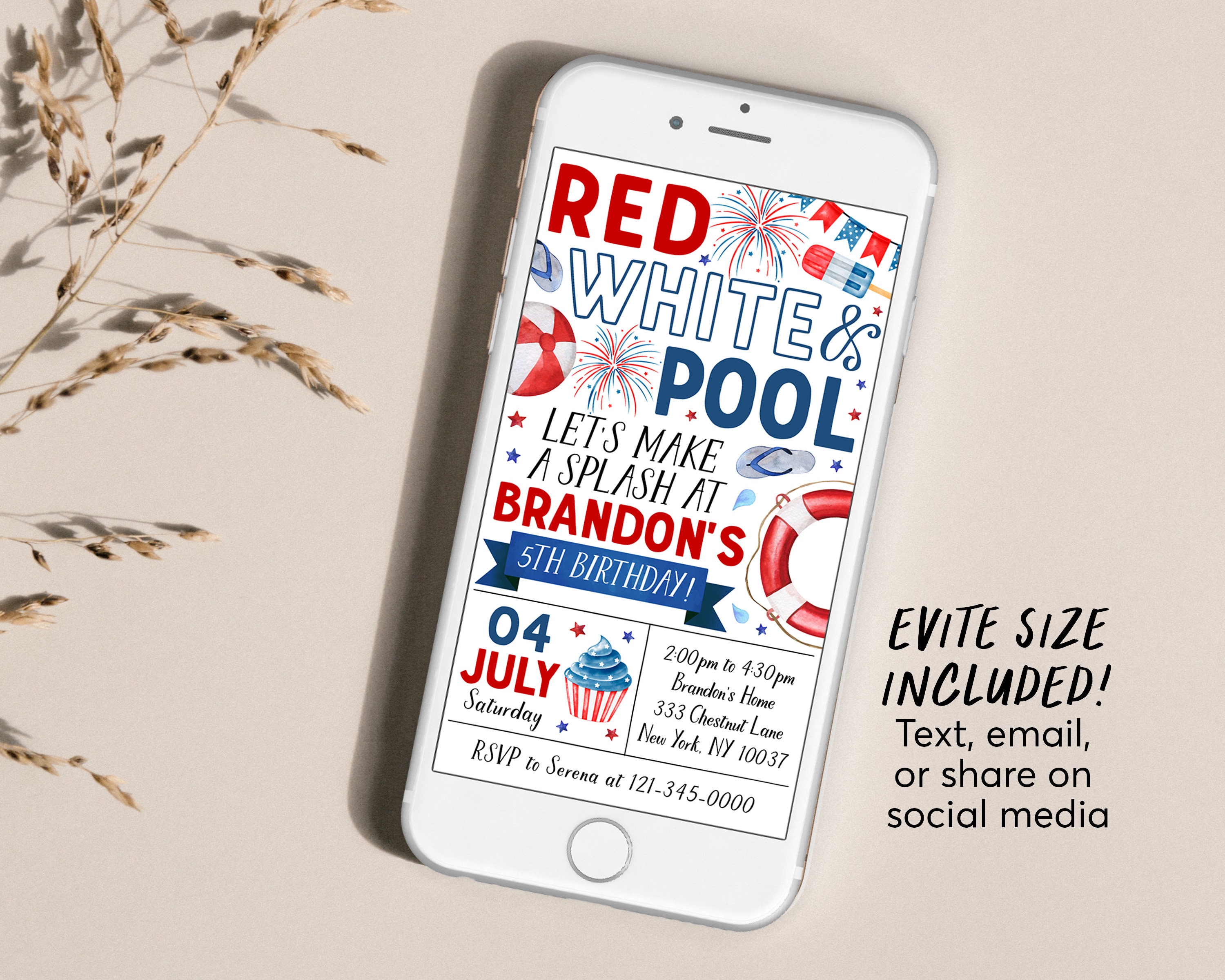 4th of July Birthday Invitation Editable Template, Red White Pool Party ...