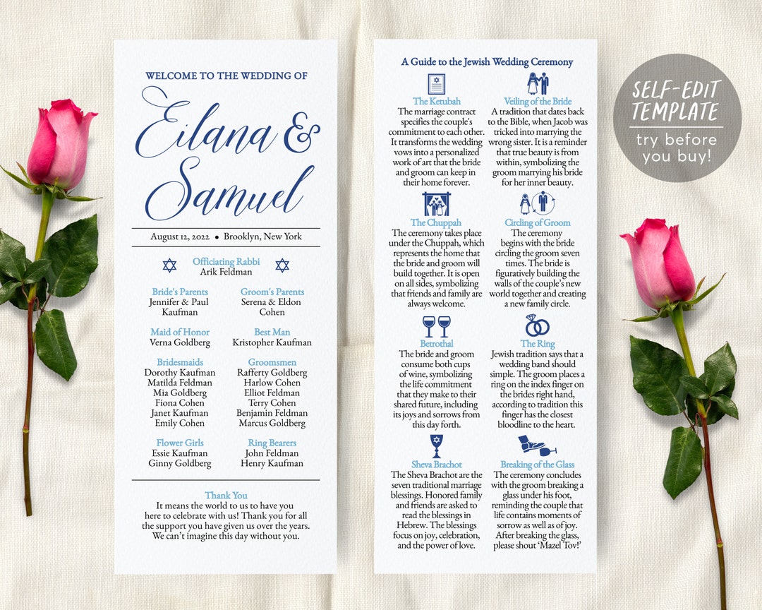 Jewish Wedding Program Template, Jewish Explanation, Judaica Icons