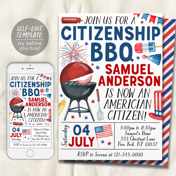 Bearbeitbare Vorlage für die Einladung zur BBQ-Party zur US-Staatsbürgerschaft, Einladung zur Feier der Einbürgerung der USA, US-Thema 4. Juli