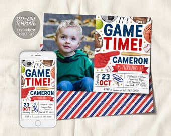 Invitación de cumpleaños de All Star Sports con plantilla editable con foto, Boy It's Game Time Sports Theme Party Invite, Kids Baseball Football Evite