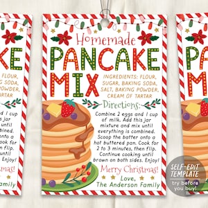 Pancake Mix Recipe Christmas Gift Tag Editable Template, Holiday Jar Mix Tag, Teacher Staff Secret Santa Xmas Winter Breakfast Brunch