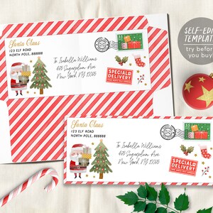 Carta de sobre de Papá Noel de plantilla editable de Papá Noel, sobre imprimible dirección personalizada querido kit de cartas de Papá Noel, carta del Polo Norte