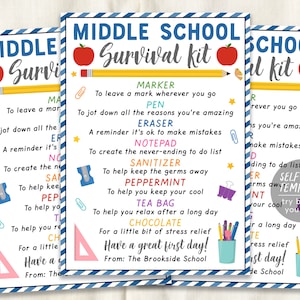 Modèle modifiable d'étiquettes de cadeau de kit de survie d'étudiant de collège, cadeau de retour à l'école pour les étudiants du personnel enseignant, 6e 7e 8e année