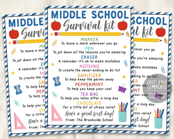 Middle School Student Survival Kit Gift Tags Editable Template, Back To School Gift For Teachers Staff Students, 6th 7th 8th Grade