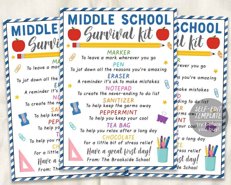 Middle School Student Survival Kit Gift Tags Editable Template