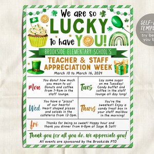Modelo editável do folheto do itinerário da semana de apreciação dos professores de St Patrick, Saint Pattys Lucky To Have You Theme Schedule PTO PTA
