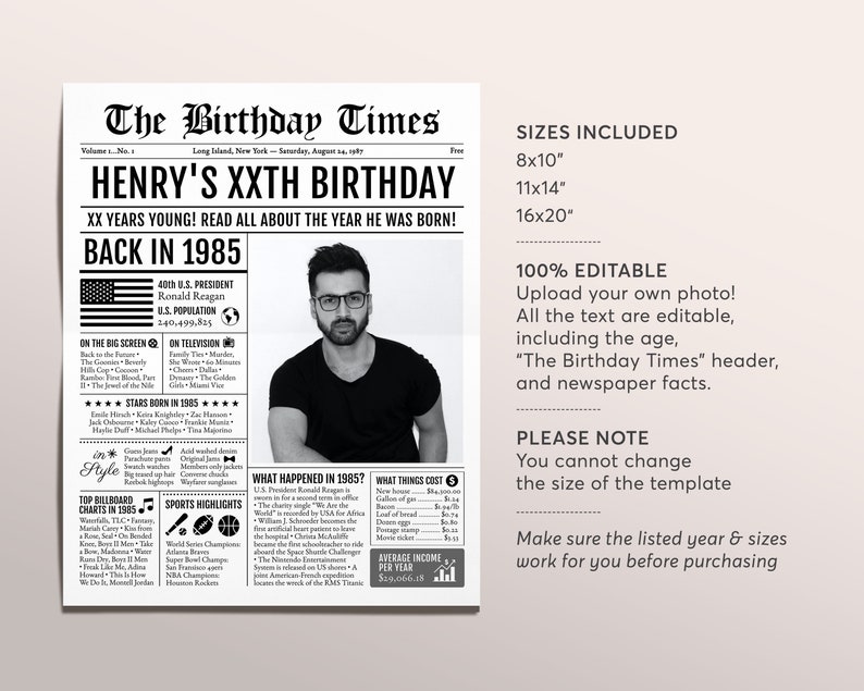 May include: A black and white printable birthday poster with a newspaper design. The poster features a photo of a man, the text "The Birthday Times", and facts about the year 1985. The poster is available in three sizes: 8x10 inches, 11x14 inches, and 16x20 inches.