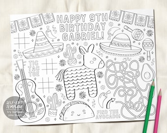 Fiesta Coloring Placemat For Kids Plantilla editable, Fiesta de cumpleaños mexicana para colorear Página Hoja Mesa Mat Actividad, Cinco De Mayo Piñata