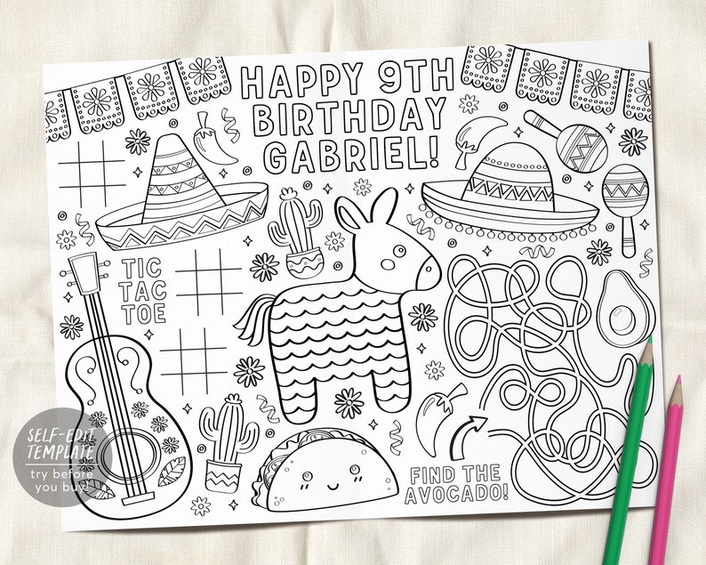 Fiesta Coloring Placemat For Kids Editable Template