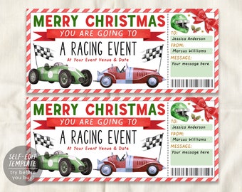 Op de afbeelding: Een afdrukbaar kerstkaartje met een rood-wit gestreepte achtergrond. Het kaartje zegt "Merry Christmas You Are Going To A Racing Event" met een groene en rode raceauto-illustratie. Het kaartje heeft een ruimte om de naam van de ontvanger, de naam van de afzender en een bericht in te vullen.