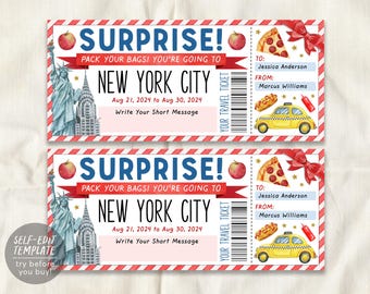 May include: Two identical rectangular travel ticket templates featuring the text SURPRISE! PACK YOUR BAGS! YOU'RE GOING TO NEW YORK CITY. Illustrations include the Statue of Liberty, a skyscraper, pizza, a hot dog, and a yellow taxi.