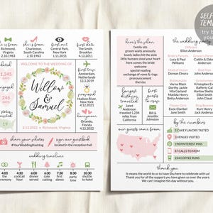 Editable Spring Wedding Program, Rose Boho Country Wedding Infographic Reception Program, Summer Peaches and Cream, Floral Wreath Program