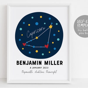 Capricorn Zodiac New Baby Gift Editable Template, Astrological Star Sign, Constellation Art Print, Astrology Nursery Wall Decor Printable