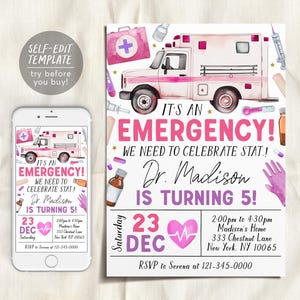 Doctor Birthday Invitation Editable Template, Kids Girl Medical Emergency Hospital Party Invite, Nurse First Responders Ambulance Evite