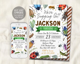 May include: A birthday invitation template featuring watercolor illustrations of various insects, including a ladybug, bee, and grasshopper. The text reads We're Bugging Out! JACKSON IS TURNING 5! with event details. A smartphone displays the same design.