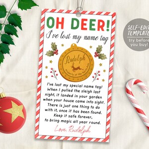 Rudolph's Lost Name Tag bearbeitbare Vorlage, Santa's Reindeer Lost Tag, Heiligabend Tradition, Xmas Eve Box Tags Sofortiger Download zum Ausdrucken