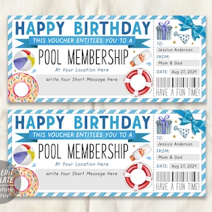 May include: Two identical rectangular birthday vouchers with blue striped borders. Text reads HAPPY BIRTHDAY, POOL MEMBERSHIP, TO: Jessica Anderson, FROM: Mom & Dad, DATE: Aug 27, 2024, HAVE A FUN TIME. Graphics include a beach ball, donut float, lifebuoy, and gift.