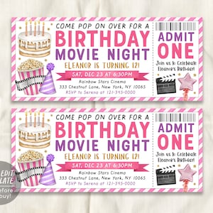 Kinoticket Geburtstagseinladung bearbeitbare Vorlage, rosa Kinofilmabend Geburtstagsparty einladen für Kinder druckbar, Pop On Over Sleepover