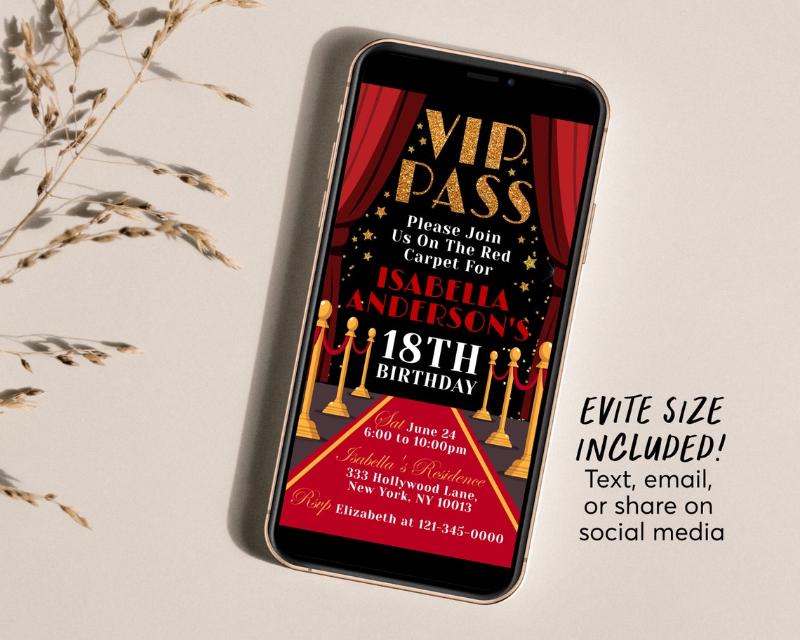 VIP Pass Birthday Invitation Editable Template, Hollywood Red Carpet ...