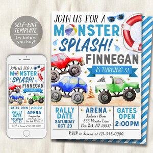 May include: A blue and white monster truck birthday party invitation with a watercolor illustration of monster trucks, a beach ball, sunglasses, and a life preserver. The text reads "Join us for a Monster Splash! Finnegan is turning 5!" with details about the party, including the date, time, and location.