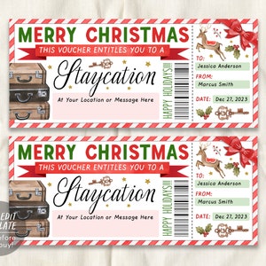Plantilla editable de vale de vacaciones navideñas, revelación de certificado de regalo de boleto de hotel para escapada de fin de semana festivo sorpresa, viaje de maletas