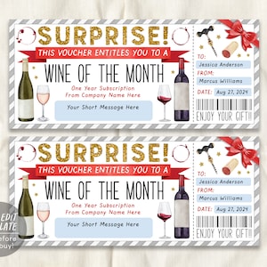 Wine Subscription Gift Certificate Editable Template, Surprise Wine Club Membership Voucher, Wine of the Month Coupon, Wine Tasting Ticket