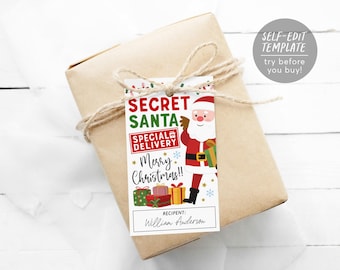 May include: A rectangular gift tag tied with twine to a brown paper package. The tag features a cartoon Santa Claus, colorful gift boxes, and the text: SECRET SANTA, SPECIAL DELIVERY, Merry Christmas!!, and a space for a recipient name.