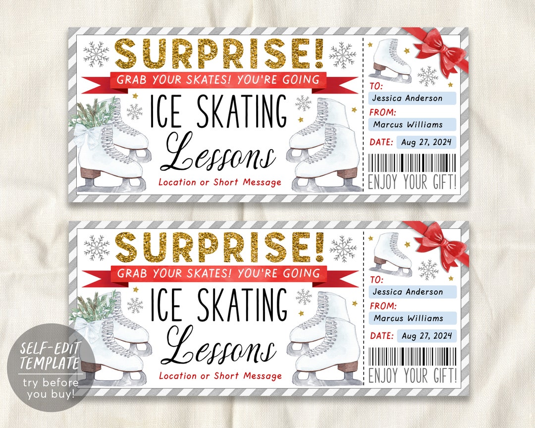 Ice Skating Lessons Gift Certificate Editable Template, Surprise Ice ...