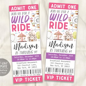May include: Two pink and purple VIP tickets with amusement park illustrations. The tickets read "ADMIT ONE" and "JOIN US FOR A WILD RIDE". The text includes "Madison IS TURNING 9!" and event details.