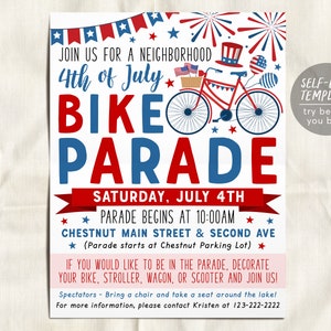 4th of July Bike Parade Flyer Invitation Editable Template, Bicycle Tricycle Family Parade, Block Party Fourth of July Celebration Summer