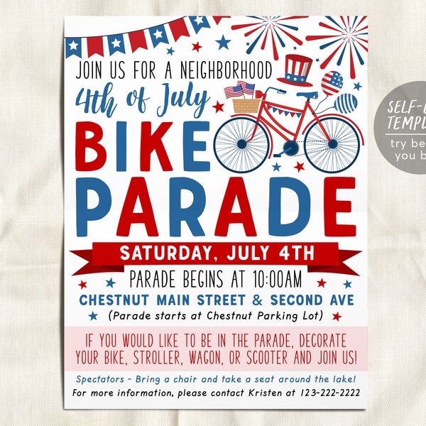 4th of July Bike Parade Flyer Invitation Editable Template, Bicycle Tricycle Family Parade, Block Party Fourth of July Celebration Summer