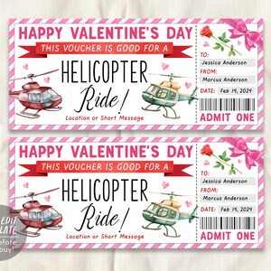 Helicopter Ride Ticket Gift Certificate Editable Template, Valentines Day Surprise Helicopter Experience Gift Voucher For Her Holiday Coupon