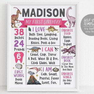 Dinosaur First Year Milestone Sign Editable Template, Girl Jurassic T-Rex Dino Party Birthday Stats Poster, Tyrannosaurus One Year Board
