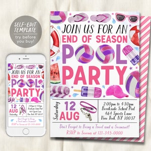 May include: A pool party invitation with watercolor illustrations of summer items like a volleyball, sunglasses, and watermelon. The invitation includes the text "JOIN US FOR AN END OF SEASON POOL PARTY" and event details.