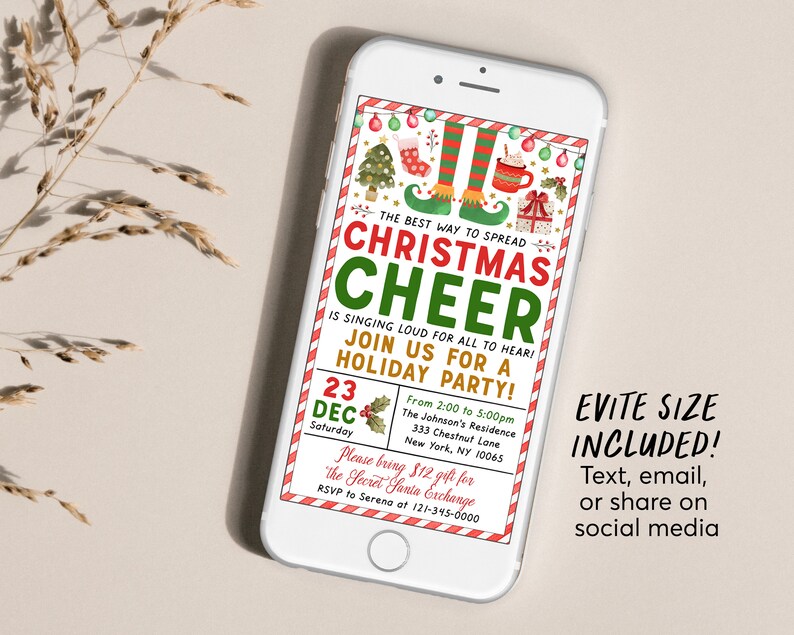 Modèle modifiable d'invitation de fête de Noël elfe, fête d'acclamation de Noël pour enfants et adultes, invitation secrète de fête d'échange de cadeau de vacances de père Noël image 3