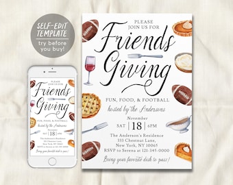 May include: A Friendsgiving invitation template featuring watercolor illustrations of footballs, pies, a wine glass, and gravy boat. The text reads: Please join us for Friendsgiving, Fun, Food, & Football, hosted by the Andersons, November 18, 6PM.