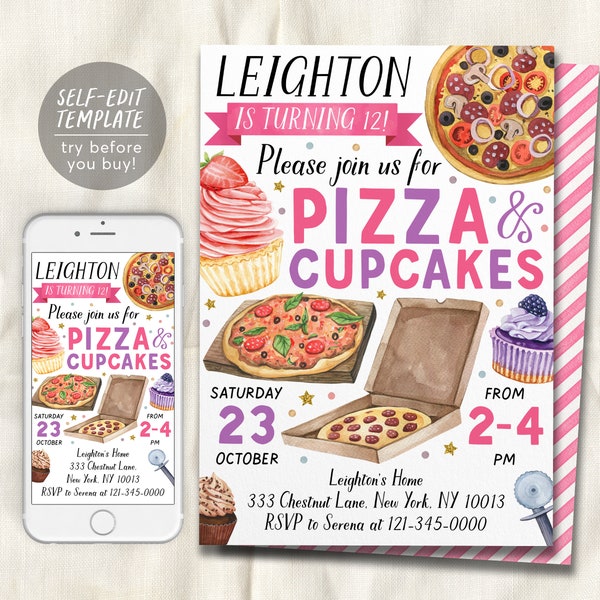 Pizza And Cupcakes Decorating Party Invitation Editable Template, Girl Baking Birthday Evite, Kids Preteen Chef Cooking Party Invite