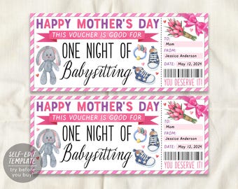 Mothers Day Babysitting Gift Coupon Editable Template, Valentine Surprise Babysitter Gift Ticket Voucher For New Mom, Certificate Gift Card
