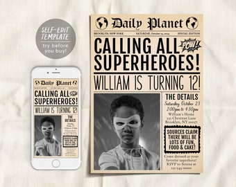 Superhero Newspaper Invitation With Photo Editable Template, Vintage Superhero Birthday Theme Party Invite, Hero Evite Printable Printable