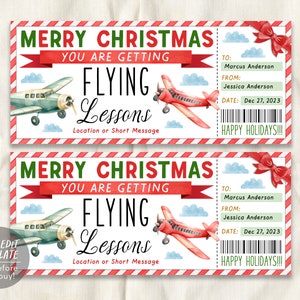 Puede incluir: Un certificado de regalo de Navidad rojo y blanco con una ilustración de acuarela de un avión vintage. El texto dice "Feliz Navidad Estás Recibiendo Clases De Vuelo" e incluye un espacio para una ubicación o un mensaje corto. El certificado está dirigido a Marcus Anderson de parte de Jessica Anderson y fechado el 27 de diciembre de 2023. El texto "¡Felices Fiestas!" está impreso en la parte inferior.