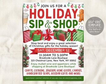Sip and Shop Holiday Boutique Flyer Editable Template, Christmas Pop up Shop Shopping Event Invitation, Winter Open House Shopping Event