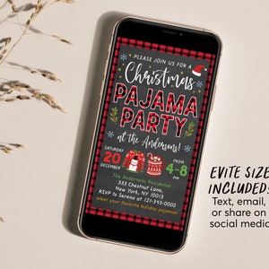 May include: A digital invitation for a Christmas pajama party at the Andersons. The invitation features a red and black plaid background with a chalkboard-style design. The text on the invitation reads "Please join us for a Christmas Pajama Party at the Andersons!" with the date, time, and location of the party. The invitation also includes a snowman and a reindeer wearing Christmas sweaters.
