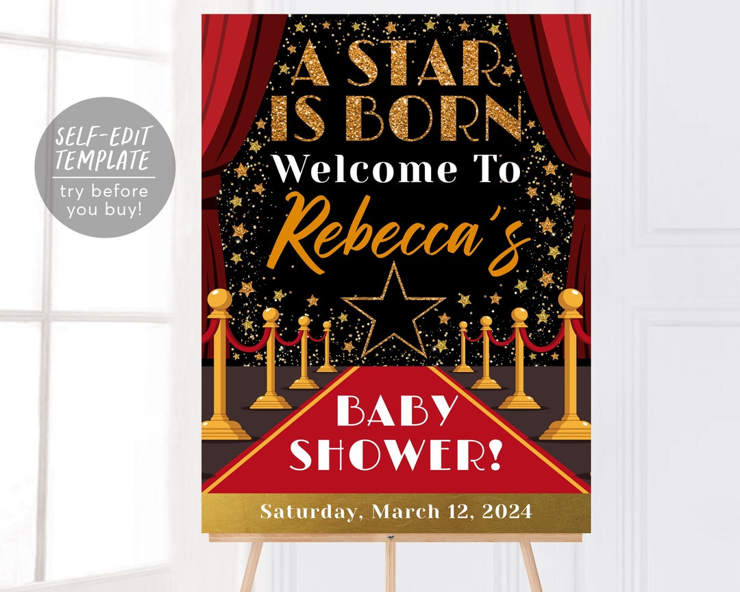 Red Carpet Baby Shower Sign Editable Template, A Star is Born