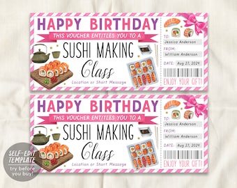 Sushi Making Class Ticket Voucher Editable Template, Birthday Surprise Japanese Cuisine Food Cooking Coupon, Cooking Lessons Certificate