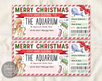 Christmas Aquarium Trip Ticket Editable Template, Surprise Holiday Aquarium Visit Gift Voucher For Kids, Day Trip Gift Certificate Coupon