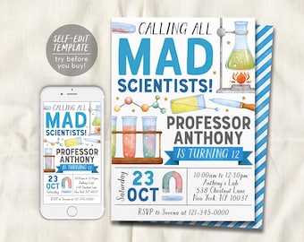 Może przedstawiać: Szablon zaproszenia urodzinowego z ilustracjami naukowymi, w tym kolbą, probówkami i magnesem. Tekst brzmi: CALLING ALL MAD SCIENTISTS! PROFESSOR ANTHONY IS TURNING 12, Saturday 23 OCT, 10:00am to 12:30pm, Anthony's Lab, 538 Chestnut Lane, New York, NY 10037, RSVP to Serena at 121-345-0000.