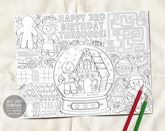 Gingerbread House Decorating Party Birthday Coloring Page Placemat Editable Template, Holiday Kids Favors Party Activity Favors Printable