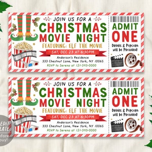 Elf Christmas Movie Ticket Invitation Editable Template, Xmas Holiday Movie Night Party Ticket Invite Printable, Winter Outdoor Popcorn DIY