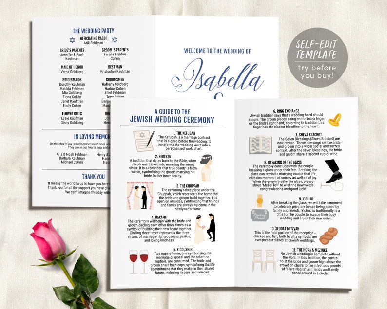 Jewish Wedding Program Infographic, Bifold Program, Editable Ceremony Template, Jewish Infographic Wedding, Religious Wedding Program Guide image 1