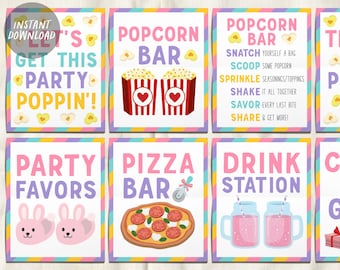 Pizza Popcorn and Pajamas Party Signs BUNDLE For Birthday, Popcorn Bar Sign Toppings, Pizzeria Slumber Sleepover Party Favors Sign Pajama